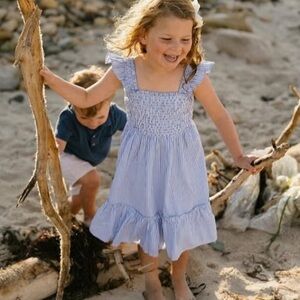 Hanna Anderson Blue and White Striped Smocked Twirl Dress Sz 5T